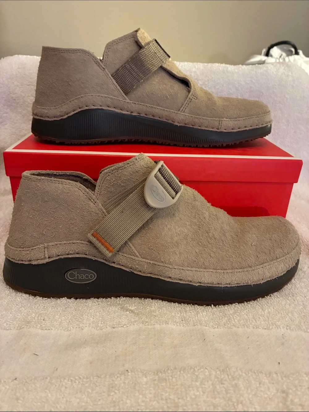 Chaco Men's Suede Casual Slip-On Shoe in Taupe adj. cross strap
